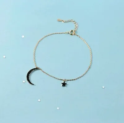 Titanium Black Crescent Moon Star Chain Cuff Rose Gold Pave CZ Dangle Bracelet • $10.99