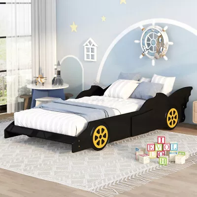 Twin Size Race Car-Shaped Platform Bed With Wheels Wood Bed Frame For Boys Girls • $229.99