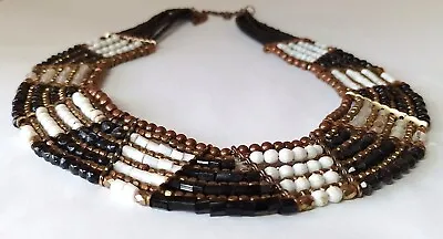  ST10 --vintage Bronze Tone White & Black Small Bead Multi-row Collar Necklace • £7