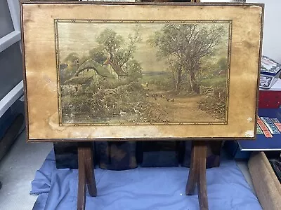 Vintage Folding Table With Painted Farm Scene On Canvas • $199.99