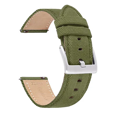 Nylon Canvas Genuine Leather Watch Strap Mens 20/22mm Quick Release Wrist Band • £14.88