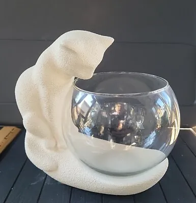 Vtg Haeger Pottery White Textured Cat Sculpture Figurine With Glass Fish Bowl • $54