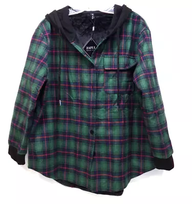 NWT Womens ZAFUL Plaid Hooded Shacket Shirt Jacket Faux Fur Lined Size M / 6 • £19.28