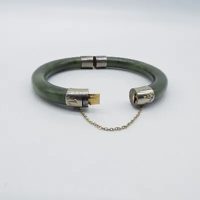 Vintage Nephrite Jade Hinged Bracelet 7.8  Green Bangle Faded Gold Tone * • $71.99