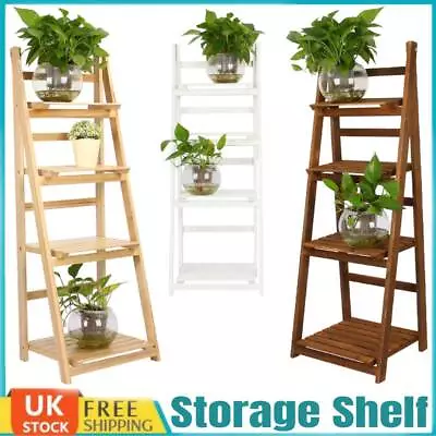 Folding 4 Tier Ladder Shelf Storage Shelving Unit Wooden Bookcase Plant Display • £28.89