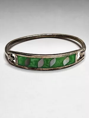 Vintage Mexico Alpaca Abalone Inlay Green Leaf Hinged Bracelet • $19.98