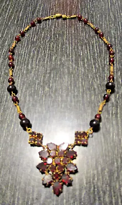 Antique Art Deco Brass Bohemian Czechoslovakia Garnet Glass Choker Necklace! • $75