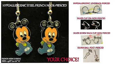 Baby Mickey Earrings / Necklace Mouse *OPTIONS* Hypoallergenic OR Clip On • $7.85