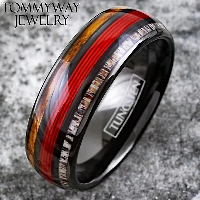 Black Tungsten Carbide Ring Red Fishing Line-Whiskey Barrel Deer Antler Band • $23.99