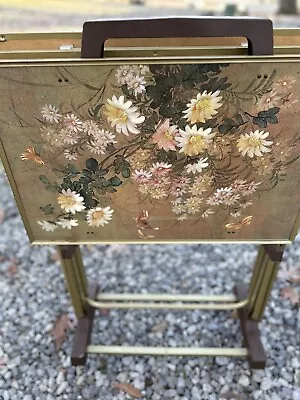 Vintage TV Trays With Rolling Stand Cart Floral Design Pick Up Only 17316 • $89.99