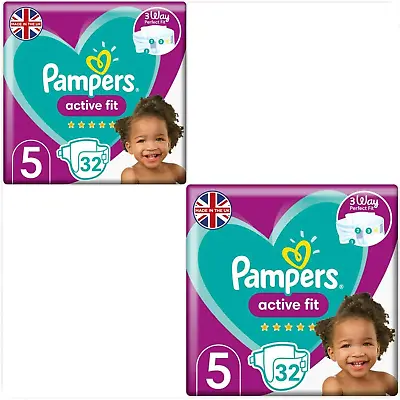 2X Pampers Baby Nappies Size 5 (11-16 Kg/24-35 Lb) Active Fit 32 Nappies • £18.99