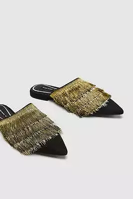 $67.99 • Buy NWT ZARA FLAT GOLD Metallic MULES FRINGE FLAPPER SLIP ON Slipper Slides 6,7.5