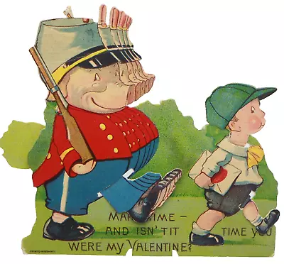 Antique 7  German Mechanical Valentine Marching Soldier Pigs Anthropomorphism • $24.50