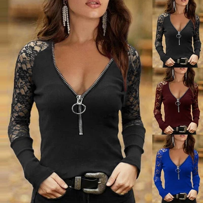£12.49 • Buy Sexy Womens Lace Gothic Zip Up V Neck Tops Ladies Long Sleeve Slim Blouse Shirt