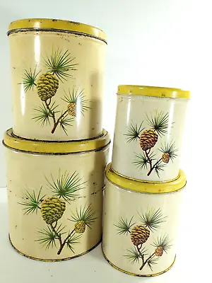 4 Vtg Decoware Canisters Pinecones Yellow & Ivory Nesting Cabin Rustic • $6.97