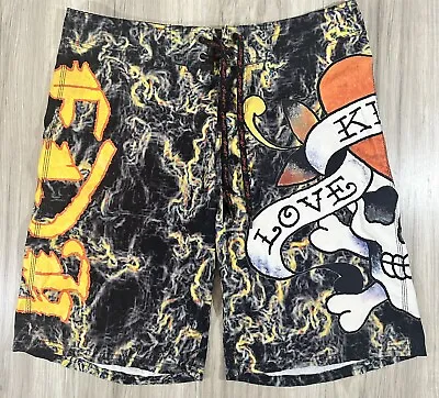 VTG Men’s Ed Hardy Surf Boardshorts Love Kills Slowly Swim Trunks Skulls Size 36 • $29.99