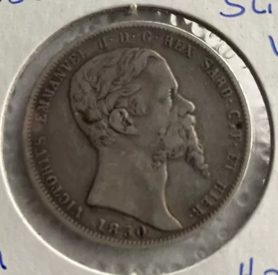 Italy Sardinia 1850 King Vittorio Emanuele Ii 5 Lire Silver Crown Vf • $200