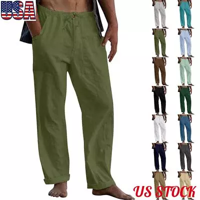 $21.99 • Buy Men's Summer Cotton Linen Loose Pants Summer Casual Baggy Beach Buttoms Trousers