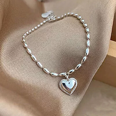 925 Sterling Silver Heart Charm Women's Bracelet Olive Beads Link Chain Bangle • $14.99