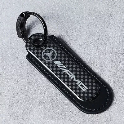 Real Carbon Fiber+Black Leather Keychain Key Fob Key Ring For Mercedes Benz AMG • $23.99