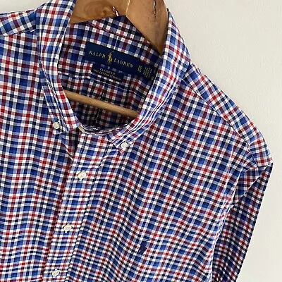 Mens Polo Ralph Lauren Blue Check Classic Fit Short Sleeve Shirt Size XL X Large • £39.95