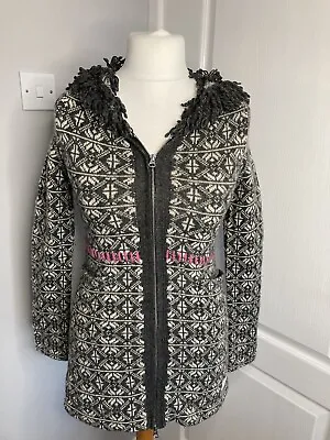 Odd Molly Size 8 10 Grey White Wool Fair Isle Knitted Hooded Zip Up Cardigan • £34.99