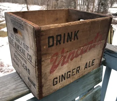 VINTAGE Vincent’s GINGER ALE AUBURN ME. WOOD BOX SODA CRATE Big Bottle Clean • $64.99