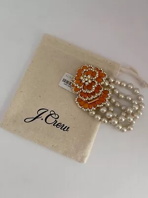 Nwt J.crew Three Strand Pearl Bracelet With Rhinestone Pave Orange Flower • $34.99