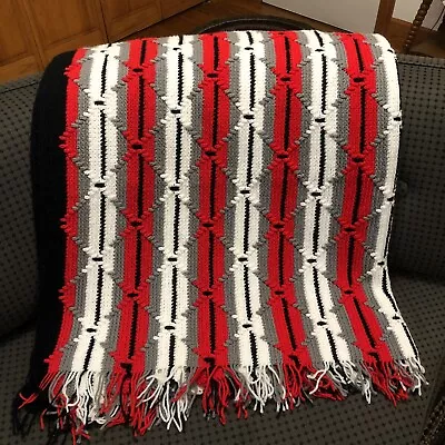 Vtg Handmade Knit/Crochet Afghan Blanket W/ Fringe Southwest Indian Design • $50