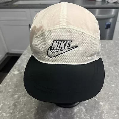 Vintage NIKE Hat White Black Nylon Strapback Swoosh Spellout One Size 80's 90's • $25