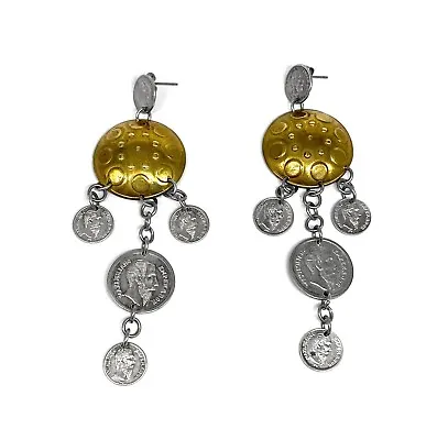 Big Vtg Taxco Sterling Laton Coin Dangle Earrings Boho Mexican 3.75” Mixed Metal • $58