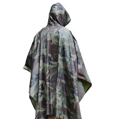 Army Hooded Ripstop Camo Waterproof Poncho Military Hiking  Hunting Camping • $23.09