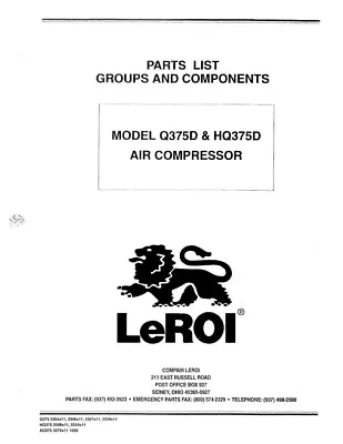 LEROI Q375 HQ375 XQ375 PORTABLE COMPRESSOR PARTS MANUAL ***PDF Sent Via Email*** • $14.99