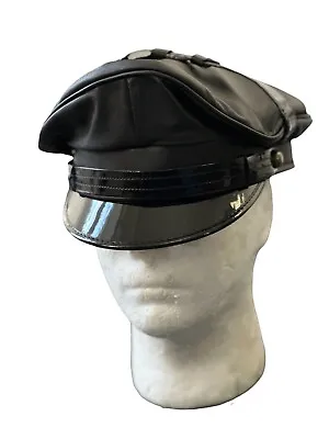Real Leather Muir Biker Peaked Police Gay Military Cap Size: S To 2XL • £33.99