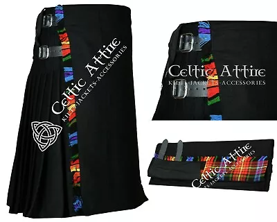 Black Wool Scottish 8 Yard  Kilt 100% WOOL Kilt Multi Color Fringe On Apron • $84