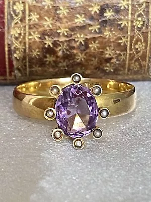 Edwardian 9ct Gold Amethyst & Seed Pearl Ring Size W.5 4g • $384.93