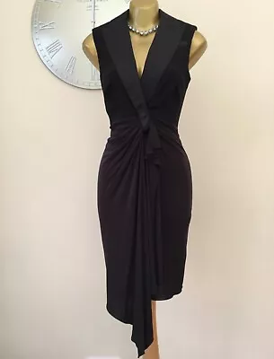 💕karen Millen - 10 Uk  Black Tuxedo Style Wool Blend & Satin Trim Wiggle Dress • £74.99