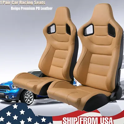 $366.69 • Buy 2PCS Universal Car Racing Seat PU Leather Reclinable Bucket Seat W/Sliders Tan 