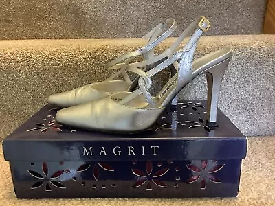 Magrit Ladies Leather Shoes Size 4/37. Silver. 10cm Heel. Very Good Cond. Box. • £14.95