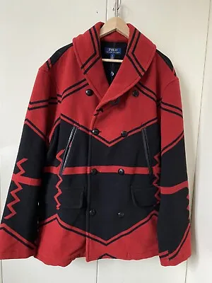 Ralph Lauren Aztec Southwestern Beacon Navajo Ranch Peacoat Jacket Red Black L • £325