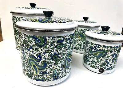 1970's 4 Pc Vintage Mid Century Paisley Enamel On Metal Kitchen Canister Set • $49.99