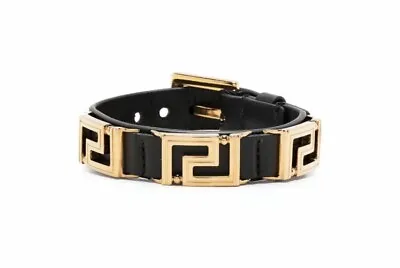 Versace Greca-Charm Black & Gold Buckle Adjustable Leather Bracelet Authentic • $290