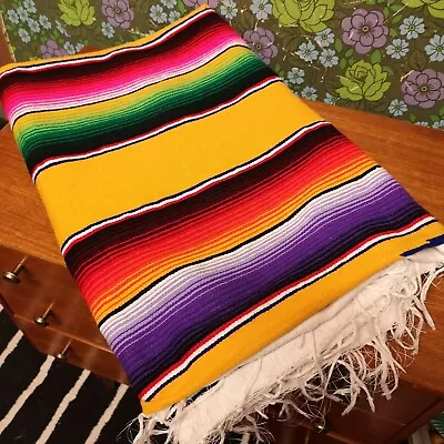 Bright Yellow Rainbow Mexican Woven Stripy Falsa Yoga Beach Blanket Throw • £24.99