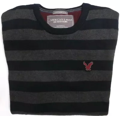 American Eagle Black Sweater Vintage Fit Striped Cotton Wool Crew Neck Mens NEW • $19.99