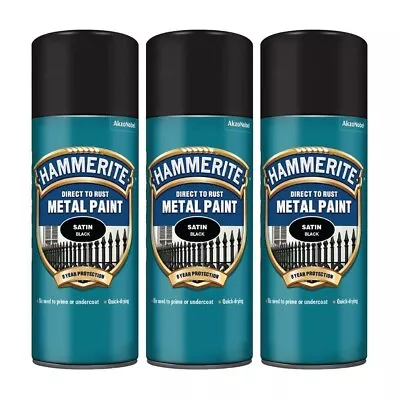 3 X Hammerite Smooth 400ml Satin Black Direct To Rust Metal Spray Paint • £29.99
