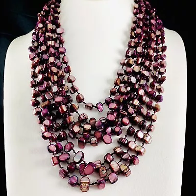 Vintage Multi Strand Purple Dyed Mother Of Pearl Beaded Knotted Layered Necklace • $21.99