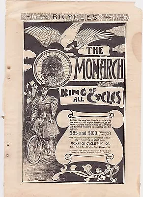 1890s VINTAGE MAGAZINE AD #B1-09 - MONARCH BICYCLES - KING OF CYCLES • $15