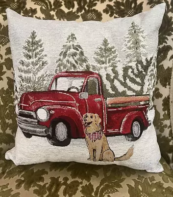 Vtg Handmade Needlepoint Look  Red Chevy Truck W Dog Scene 17x17  Decor Accent • $42.50