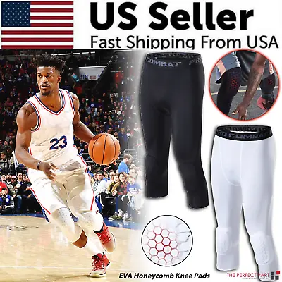 Men's Basketball Sports Tight Pants 3/4 Compression Workout Leggings Knee Pads • $14.49