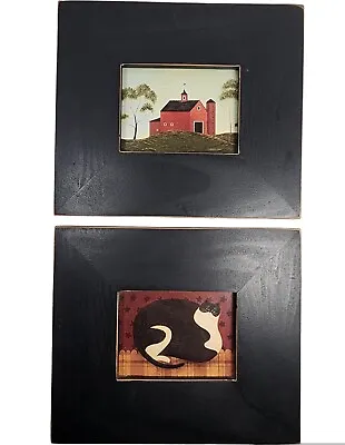 Warren Kimble Vintage American Folk Art Framed Prints Cat & Red Barn Set Of 2 • $33.99